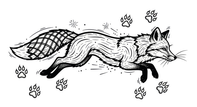 Stylized black and white illustration of a running fox with paw prints.