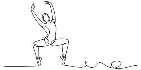 Continuous one line drawing of a graceful ballerina performing a ballet dance pose on white background. © Sojib