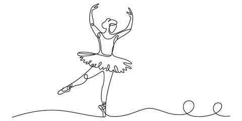 Continuous line drawing of a graceful ballerina dancing in a tutu and pointe shoes on stage. © Sojib