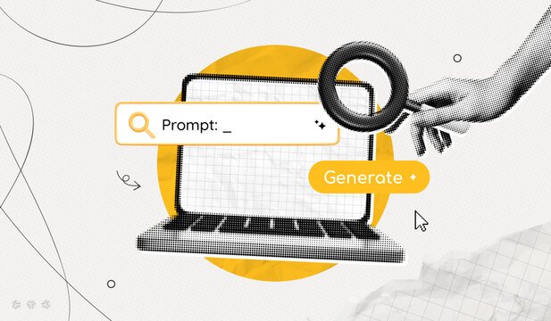 Trendy Halftone Collage Computer Laptop with Artificial intelligence chat. Promt for generation. Hand with magnifying glass searches in web browser. Contemporary vector illustration art