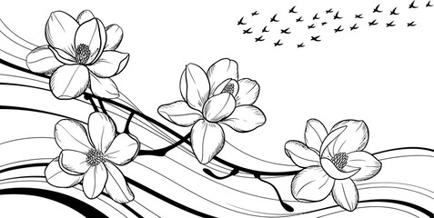 Black and white line art illustration of blooming magnolia flowers on a branch with flying birds. © Sojib