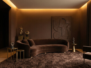 Monochromatyczny salon w odcieniach czekoladowego brązu, aksamitna sofa, dodatki w kolorze starego złota, luksusowy dywan z wysokim włosiem, styl elegancki, ciepłe oświetlenie