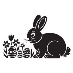 Obraz premium Easter bunny silhouette with decorated eggs and spring flowers vector illustration for holiday greeting card laser cutting template stencil design