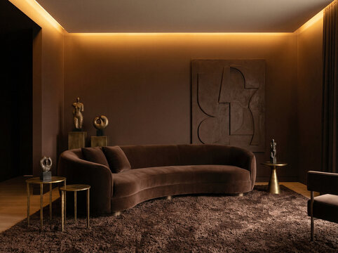 Monochromatyczny salon w odcieniach czekoladowego brązu, aksamitna sofa, dodatki w kolorze starego złota, luksusowy dywan z wysokim włosiem, styl elegancki, ciepłe oświetlenie