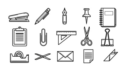 Set of stationery and office supply icons in a clean outline style.