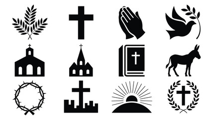 Fototapeta premium Palm sunday symbols and christian icons in black silhouette on white background for easter or religious themes