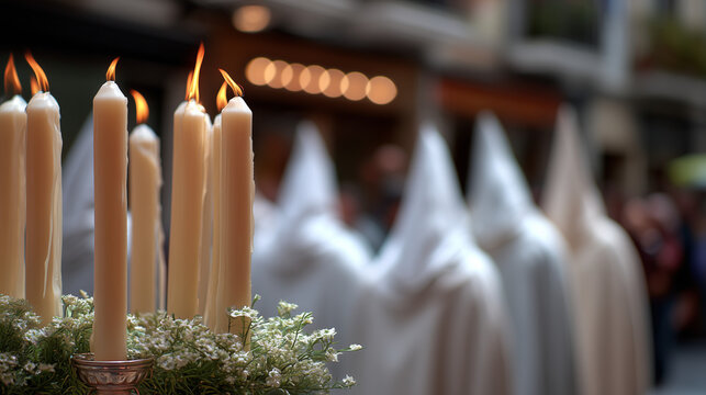 Semana Santa, Lit Candles in Foreground with White Hooded Penitents During Semana Santa Holy Week Procession
