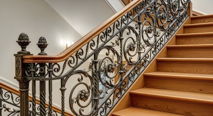 Ornate metal railings on a wooden staircase.