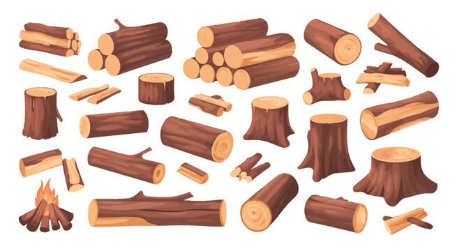Firewood pile cartoon vector set, logs bonfire branches sticks forest wood tree burning bundle dry brushwood log trunk, bright illustration isolated on white background for camping and outdoor design.