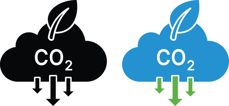 Black and blue clouds with CO2 text and downward arrows carbon dioxide reduction