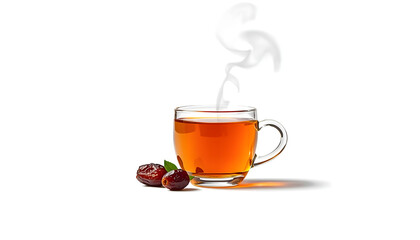 A Cup of Tea Serenity: A delicate glass teacup, filled with aromatic tea, exudes gentle wisps of steam. The cup sits invitingly, accompanied by a few dates, symbolizing warmth and comfort