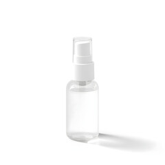 Sanitizer Bottle : A transparent sanitizer bottle is shown isolated, featuring a white cap and a fine mist spray mechanism, representing cleanliness and hygiene.