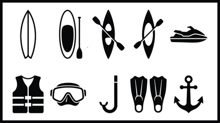Water Sports Equipment Icons Set Black Silhouettes © shammiCRATION