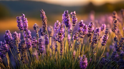 Obraz premium A vibrant lavender field at sunset, with a soft focus on the flowers and a warm, golden hue illuminating the scene.
