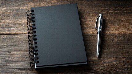 Notebook and Pen on Wooden Table: A spiral-bound notebook and a sleek pen rest gracefully on a rustic wooden table, embodying simplicity, focus, and the tools for capturing thoughts.