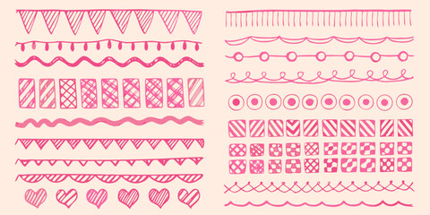 Naklejka premium Collection of pink hand drawn doodle borders and decorative elements