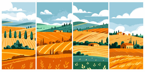 Stylized landscape panels depicting rolling hills and golden fields © Nripen