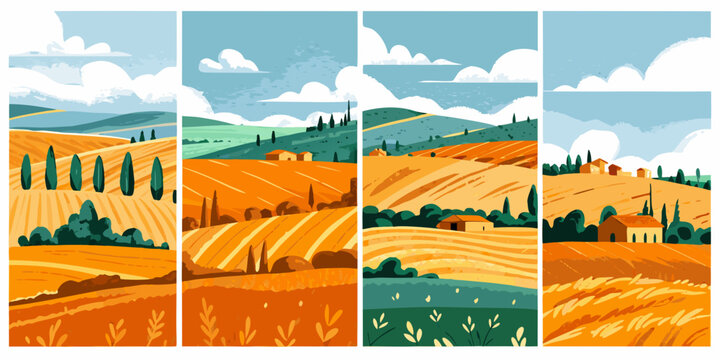Stylized landscape panels depicting rolling hills and golden fields