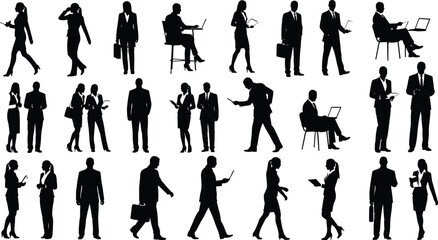 Corporate Business People Silhouettes Set, Professional Office Workers with Laptop and Briefcase Vector