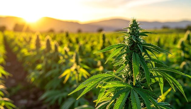 Lush cannabis plants flourishing in a field at sunset
