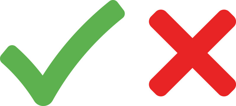 Green check mark symbol and red cross symbol on white background correct