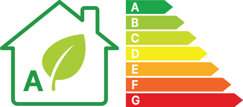 Green house with leaf and energy efficiency rating scale A to G