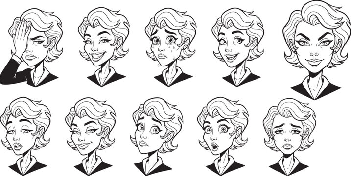Woman Character Expression Sheet with Multiple Emotions Facial Gestures and Head Poses in Black and White Line Art Style for Animation and Design