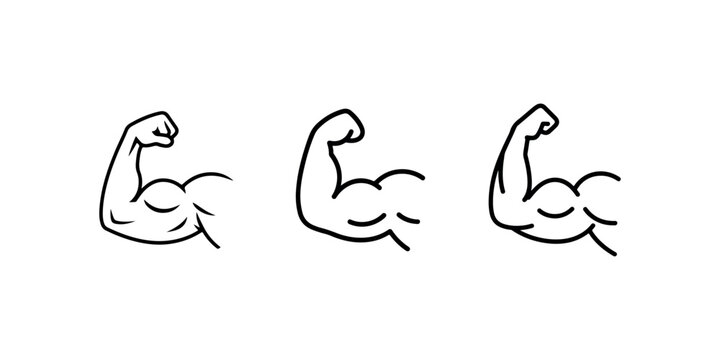 Muscular arm line icon set collection of bicep flex symbols representing strength power fitness bodybuilding workout health and athletic body development