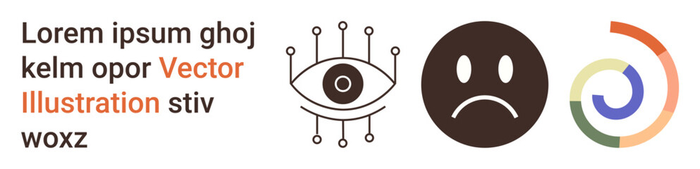 Fototapeta premium Visual communication, data analysis, emotional expression, branding, creativity, and symbolism. Eye icon, sad face spiral graphic. Emotional expression and visual communication concepts