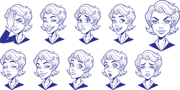 Female Character Expression Reference Sheet Featuring Various Emotional States and Facial Reactions in Blue Outline Vector Illustration Style