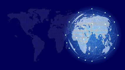 Naklejka premium Planet Earth Global Network Vector, Glowing Dotted World Map and Connected Globe with Nodes and Lines, Digital Technology and Worldwide Communication Background