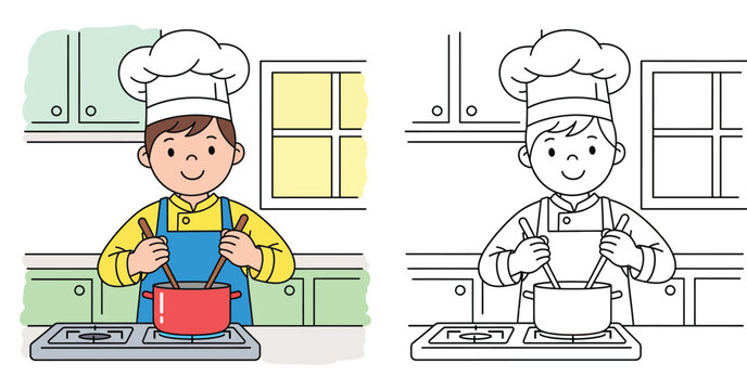 Cute little boy chef cooking in kitchen vector illustration with coloring book page outline. Kid wearing apron and hat stirring pot on stove for children activity and education.