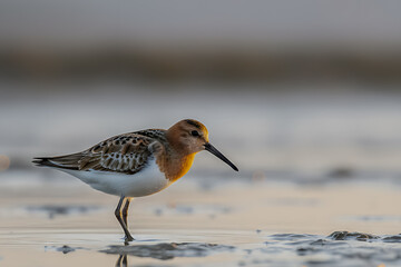 Obraz premium A tiny Spoon-billed Sandpiper foraging in shallow water, reflecting on the surface during a golden sunset.