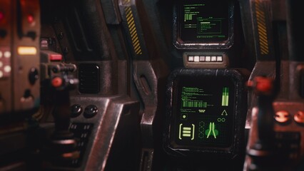 Futuristic 3D render of a Sci-Fi cockpit interior. Close-up focus on a glowing green monitor screen with data and UI elements. Blurred background with control levers, buttons, and dark atmosphere. © roman3d