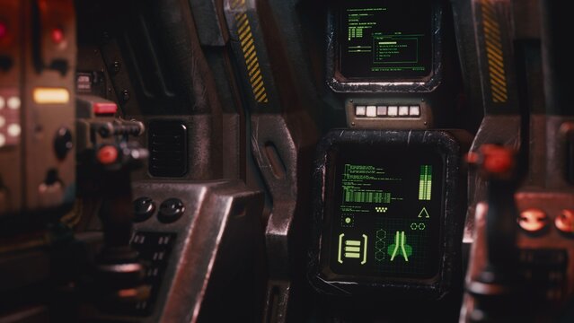 Futuristic 3D render of a Sci-Fi cockpit interior. Close-up focus on a glowing green monitor screen with data and UI elements. Blurred background with control levers, buttons, and dark atmosphere.