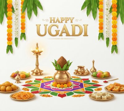 Happy Ugadi festival spread with traditional Indian sweets, fruits, and a Kalash pot on a colorful Rangoli