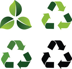Fototapeta premium Three green leaf symbols and three recycling arrows in green and black green leaves recycling symbol