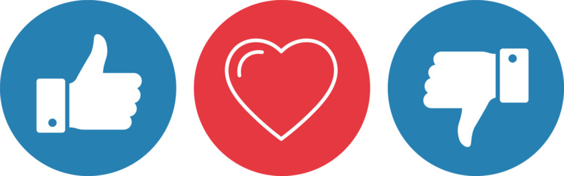Three social media thumbs up heart and thumbs down in circles like love
