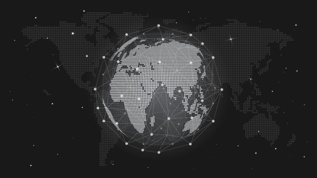 Global Communication Network Around Planet Earth, Dotted World Map and Connected Globe with Nodes and Lines, Modern Technology and Digital Connectivity Vector Illustration