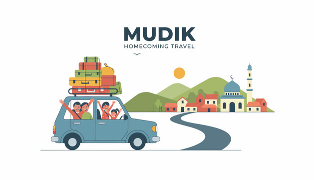 Family travels home for Mudik celebration in a car loaded with luggage on a winding road to a village