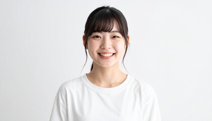 Fototapeta premium ポジティブに笑う日本人ティーン女性のスタジオポートレート Positive smiling Japanese teen girl studio portrait on white background