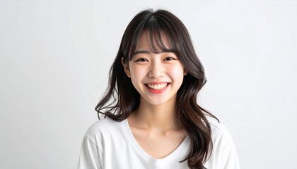Fototapeta premium 明るく笑う日本人の10代女子 クリーンな白背景 Cheerful laughing Japanese teenage girl on minimal white background