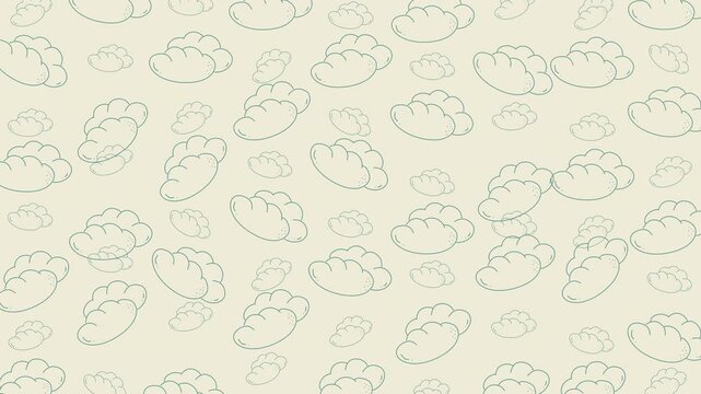 Food doodle pattern of cartoon clouds against beige, ideal for menu design, food packaging, and social media graphics content.