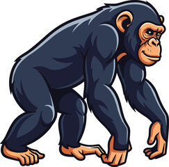Naklejka premium Cartoon chimpanzee illustration walking forward with extended arms, dark blue body, tan face, and detailed facial features.