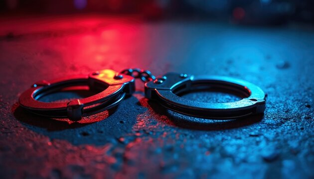 Metal handcuffs rest on textured ground illuminated by flashing red and blue police lights. Reflective surface shows close up of chained restraint, signifying arrest and law enforcement.