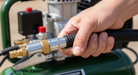 Hand holding air compressor hose with tire inflator nozzle