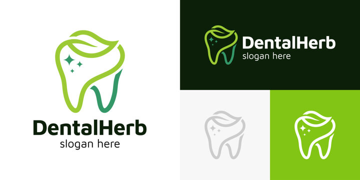 Simple dental herb logo design template illustration. Plant leaf with dental care design graphic vector. Symbol, icon, creative.