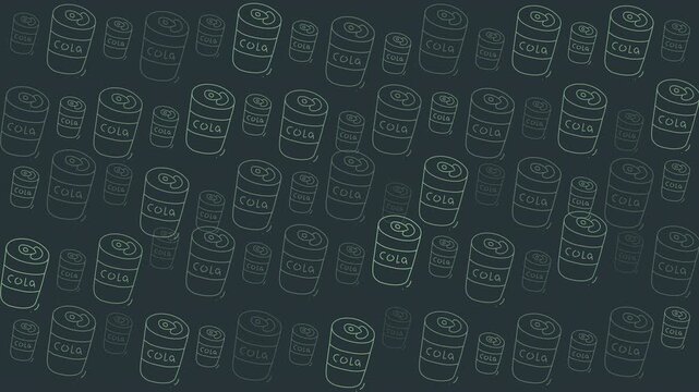 Food doodle style background with handdrawn cola cans creating a playful design. Perfect for food blogs, summer party invitations, and kitchen decor.