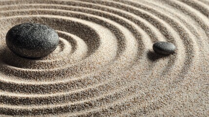 Naklejka premium Zen Garden Harmony: Intricate patterns in the sand and strategically placed stones embody a serene, mindful space that speaks to balance and meditation.