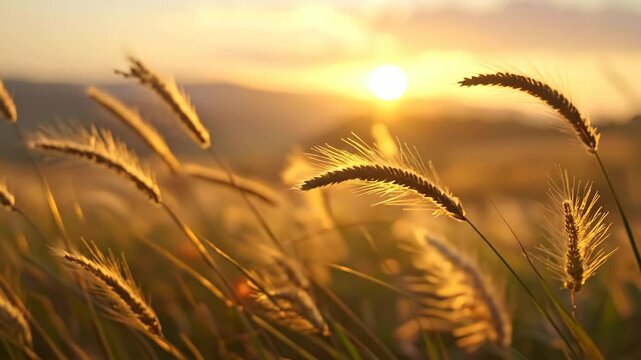 Golden Wheat Field at Sunset with Warm Light and Gentle Breeze.